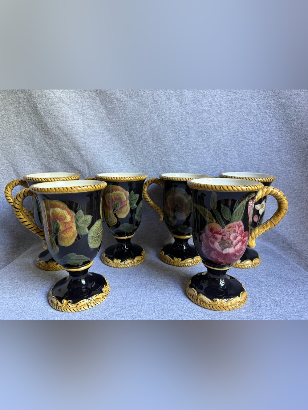 Black and Gold Floral Pedestal Mugs - Set of 6